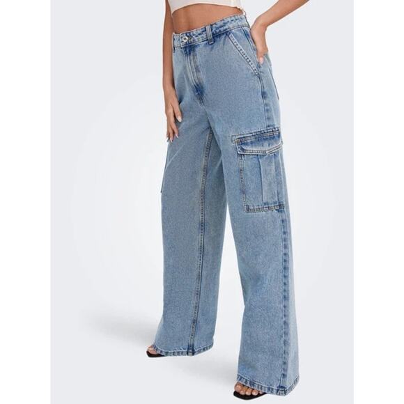 GAP 90's Loose Mid Rise cotton Cargo Jeans Women 24 Wide Leg Blue Denim A003268 - Picture 1 of 13